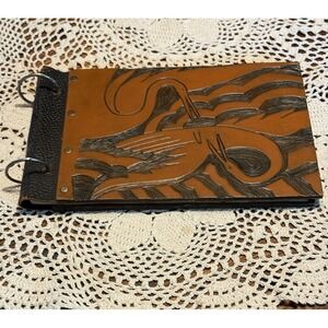 Vintage Hand Carved Wood Covers Leather Spine‎ Brass Rivets Book Journal Swans